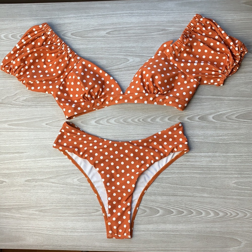 🌠1left! Orange polka dot bikini puff sleeve swim - Picture 8 of 12